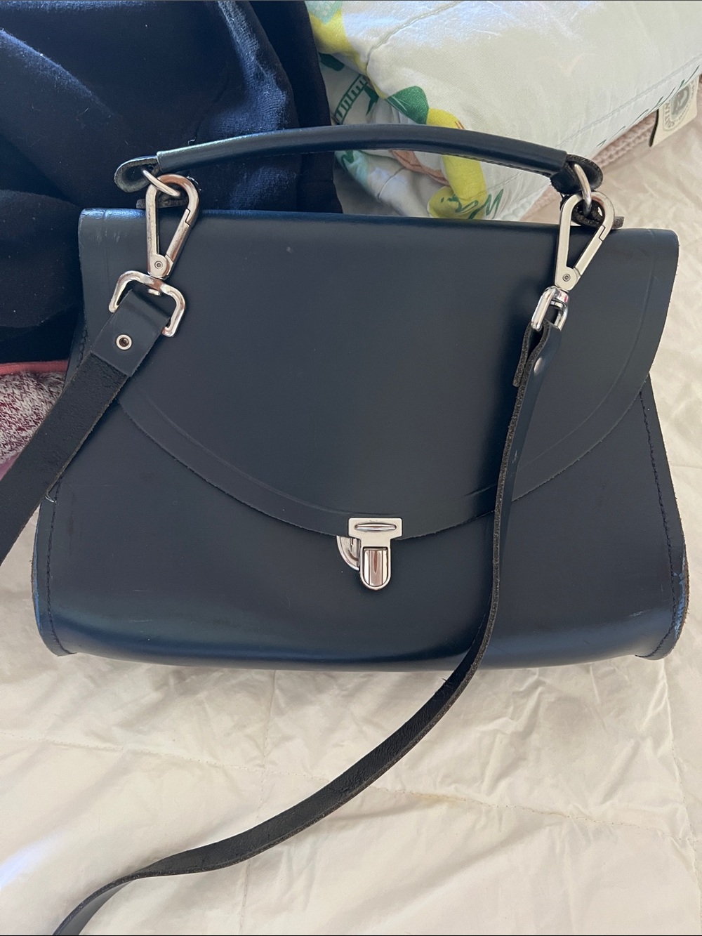 Classic Navy Blue Leather Top-Handle Bag with Silver Hardware Hand Made in Great